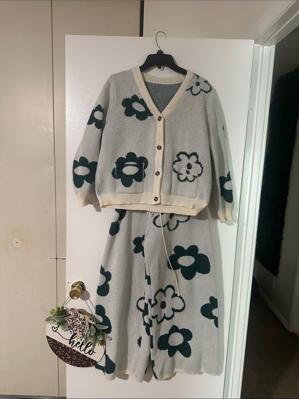 Cream Floral Knit Cardigan and Wide-Leg Pants Set